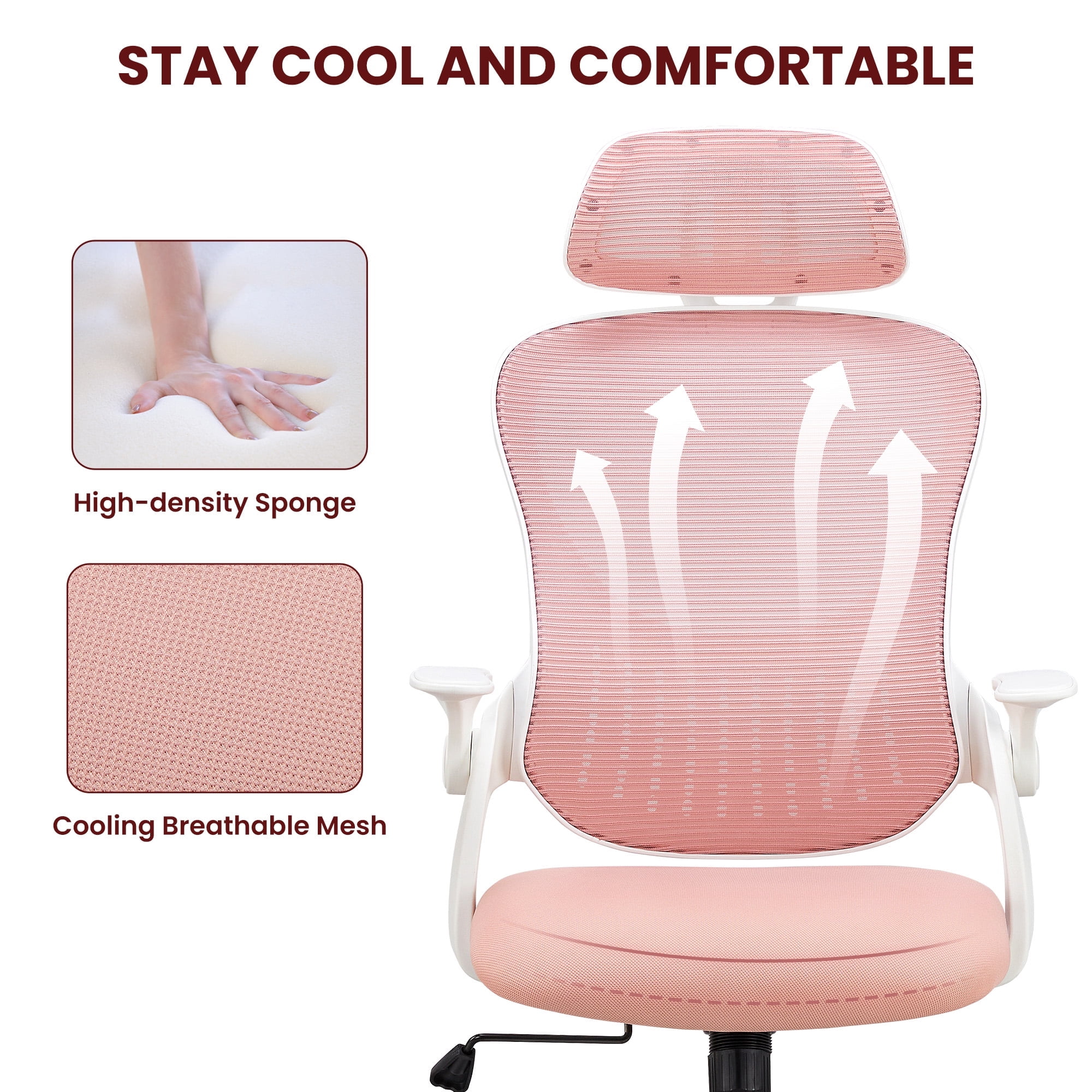 MCQ Office Chair, Ergonomic Home Mesh Office Desk Chairs, with Adjustable Armrests, Wheels and Mid-Back Task Chair with Lumbar Support,  Pink