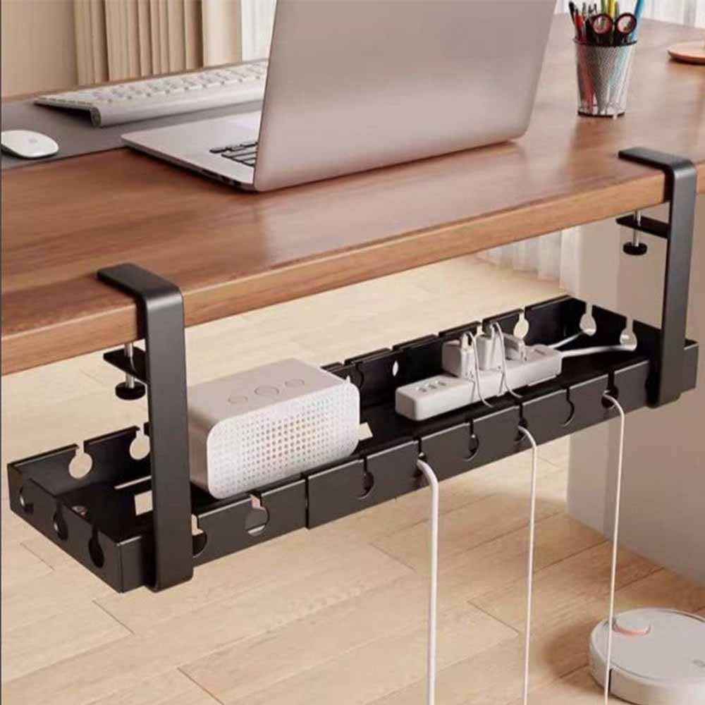 Youersen Under Desk Cable Management Tray, Adjustable 16.9'' to 29.1" No Drill Organizer for Cords, Black