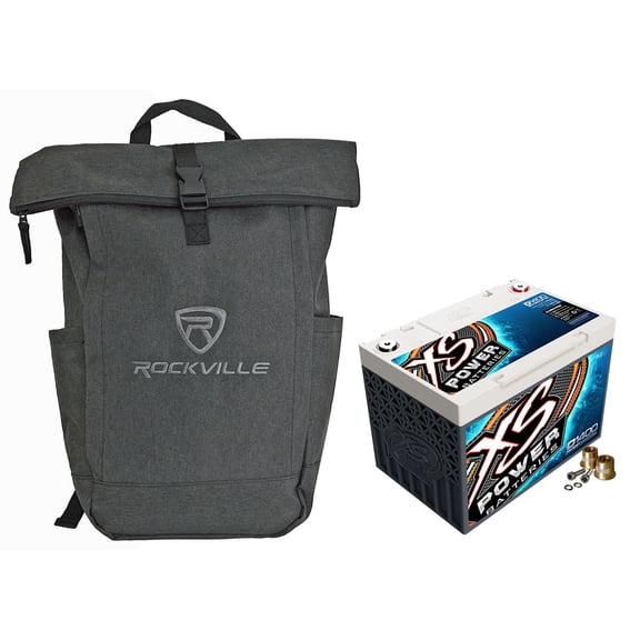 XS Power D1400 Bundle: 14V AGM Battery, 2400A Max, Group 34, M6 Terminal Hardware, Rockville RPAK CHARCOAL Backpack, 2-Items
