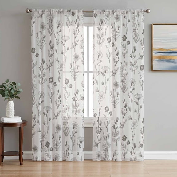 Gray Flowers Sheer Curtains 63 Inch Length 2 Panels Set, Spring Summer Farmhouse Botanical Voile Window Treatment Rod Pocket Curtains Sheers Drapes for Bedroom/Living Room/Kitchen 52x"63"x2