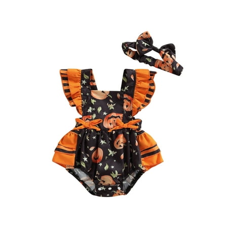

Binpure Baby Girls Halloween Outfit Sets Ruffle Sleeve Pumpkin Print Tutu Romper + Headband