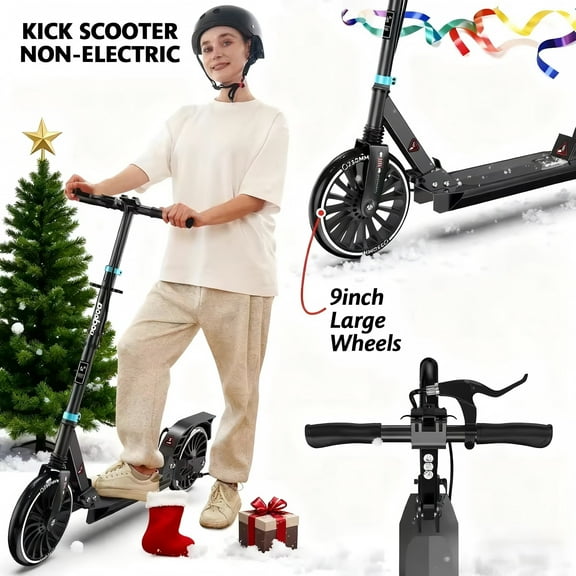 LNOW Kick Scooter-9IN Big Wheels for Teens & Adults, Hand Brake & Shock Absorption, Adult Manual Kick Scooter | Foldable & Height Adjustable