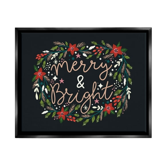 Merry & Bright Poinsettia Wreath Holiday Graphic Art Jet Black Framed Art Print Wall Art