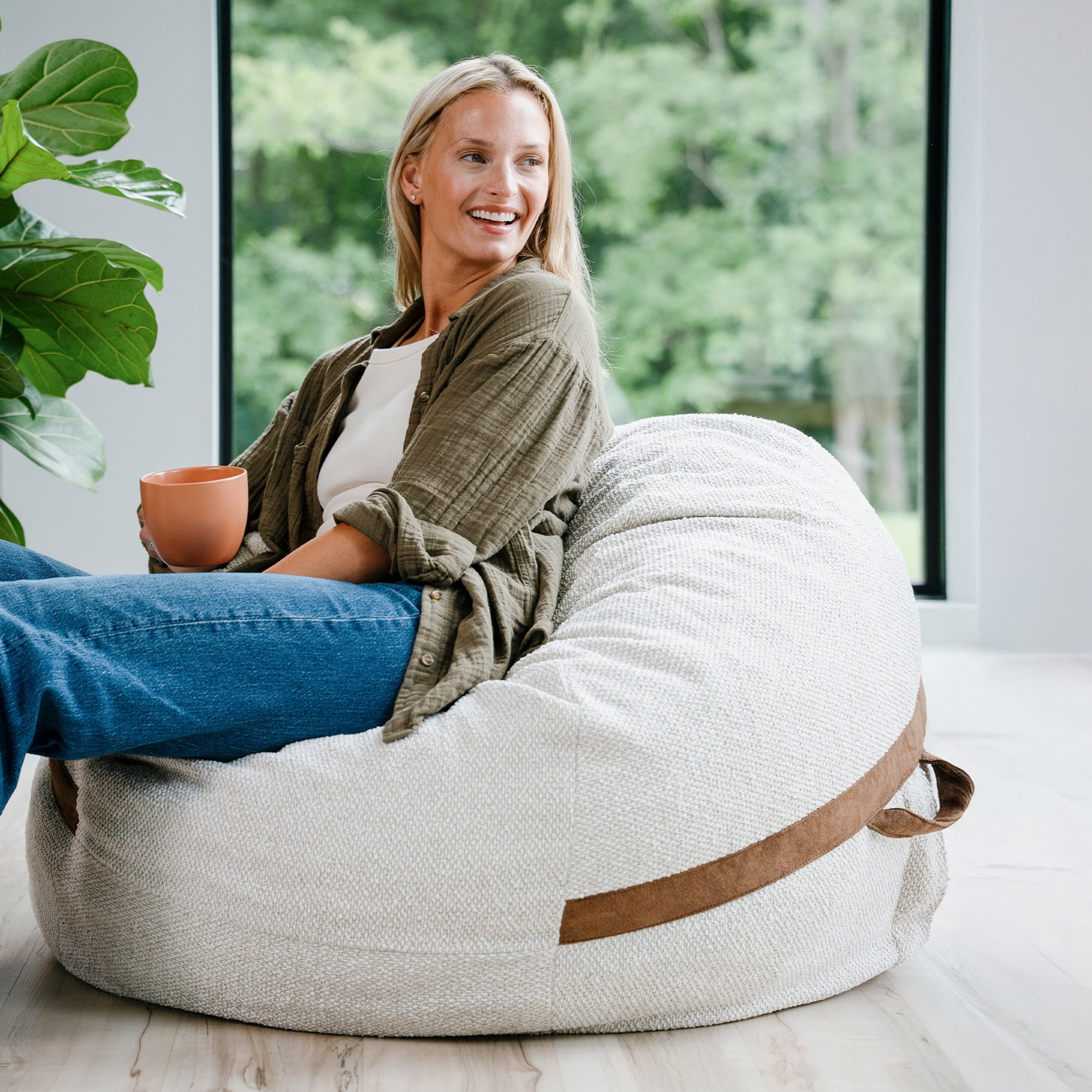 Big Joe Fuf 4Ft Foam Bean Bag Chair with Removable Cover for Kids, Teens, Sandstone Textured Boucle, 4 foot Large Reading and Gaming Seat