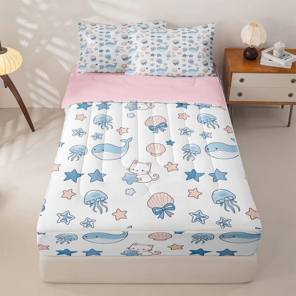 jejeloiu Cute Ocean Cat Print Zipper Twin Comforter Sets with Fitted Sheet and 2 Pillowcases For Girls,Whale Jellyfish Pattern Zipper Bedding Set,Blue White,Pink Reversible,4-Piece