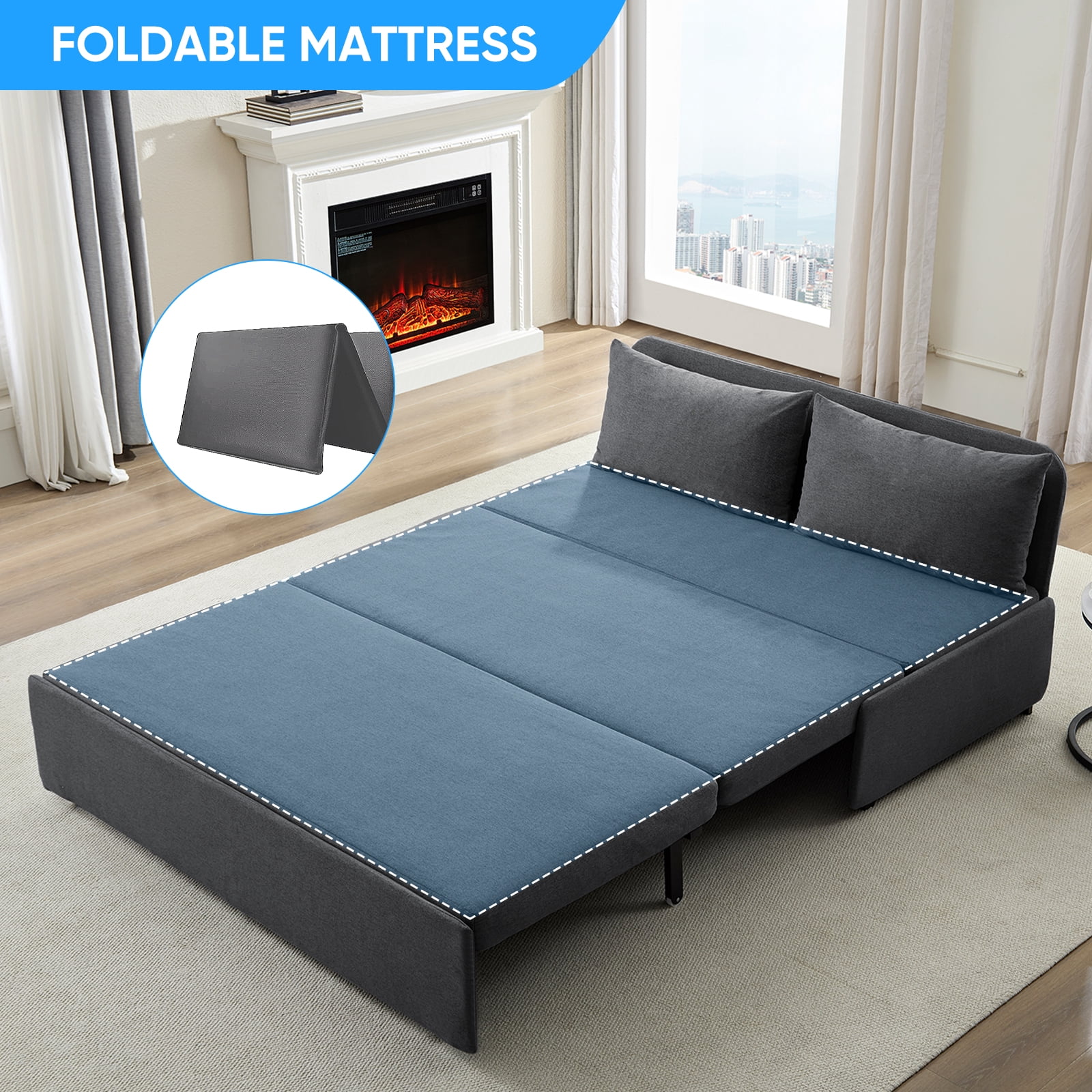 BALUS 62" Linen Queen Size Pull Out Sofa Bed, Convertible Loveseat Sleeper Sofa with 2 Pillows and Foldable Mattress, Dark Gray