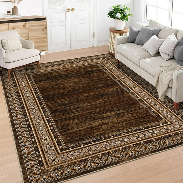 Large Area Rug 8x10ft – Washable Soft Non-Slip Low Pile Carpet with Geometric Border Design, Reddish Brown – Stain-Resistant Rug for Living Room, Bedroom and Dining Room