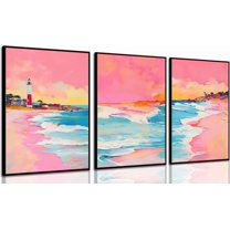 Hieng 3 Pcs Boho Pink Beach Wall Art Summer Coastal Wall Decor Preppy Canvas Prints Surf Lighthouse Posters Pictures For Teen Girls Dorm Paintings Unframed