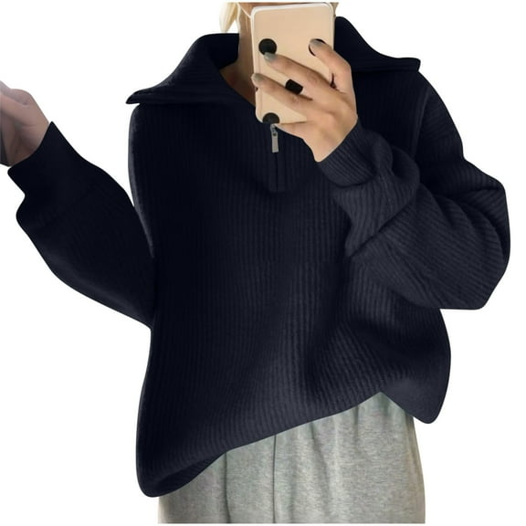Women's Quarter Zip Ribbed Sweater V-Neck Collar Oversized Knit Pullover for Fall & Winter Black Free Size