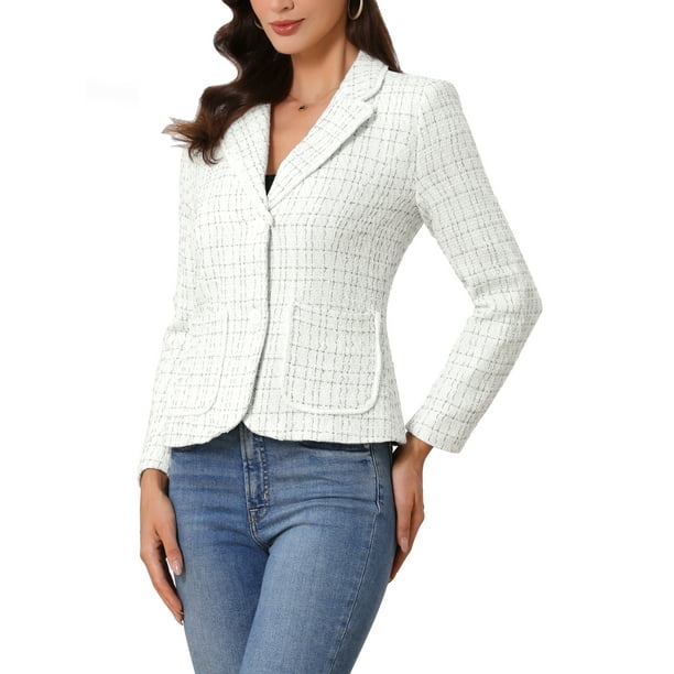 BLAZER DE TWEED PARA MUJER CHIC INSPIRADOR CON SOLAPA EN V, MANGAS LARGAS, ELEGANTE Y CASUAL DE NEGOCIO, NEGRO Y BLANCO