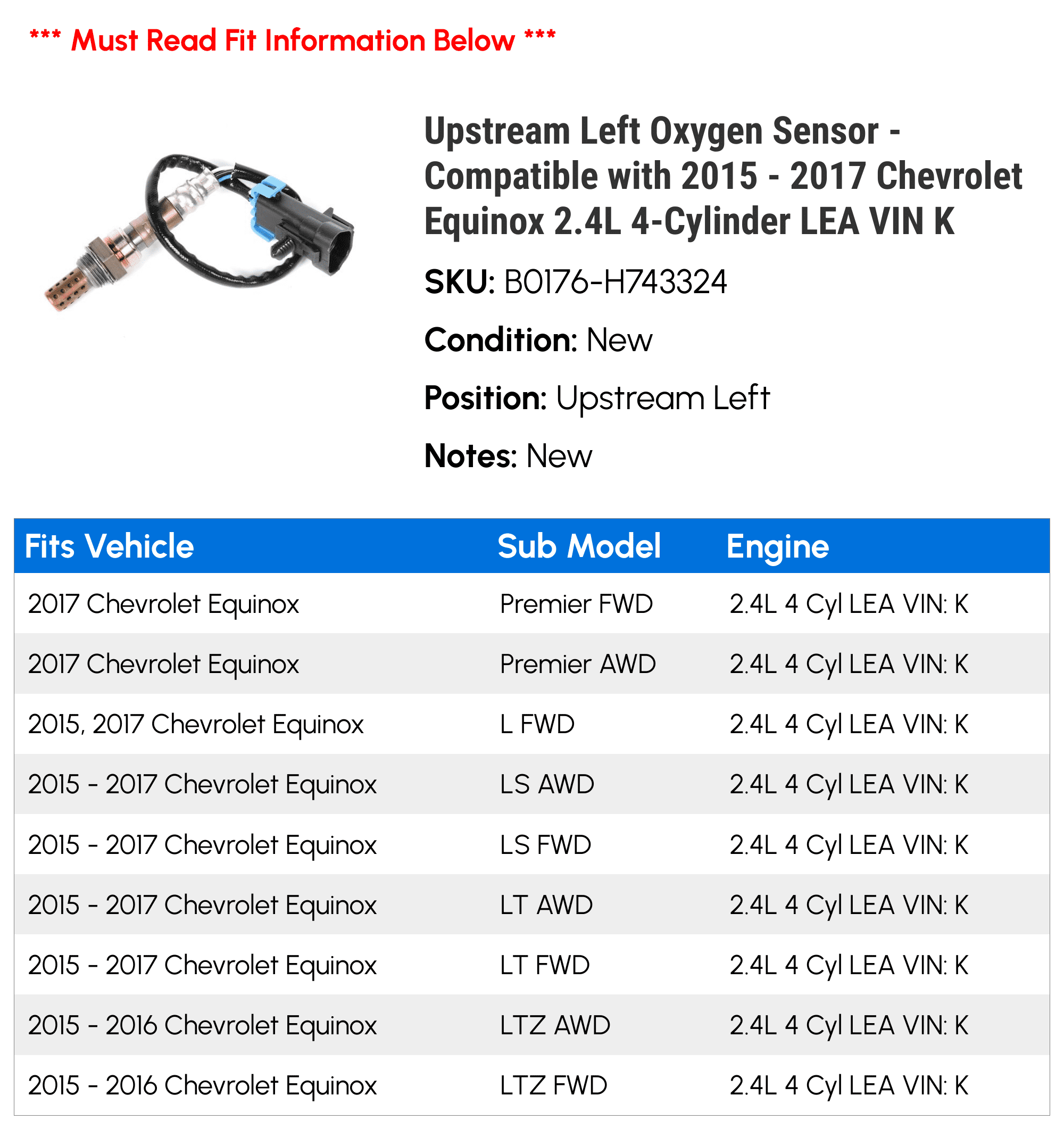 Upstream Left Oxygen Sensor - Compatible with 2015 - 2017 Chevy Equinox 2.4L 4-Cylinder LEA VIN K 2016
