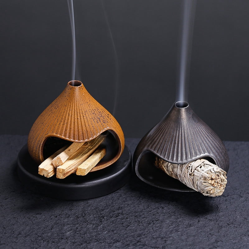 Ribbed Terracotta Cone Palo Santo Holder - Ceramic Incense Burner with Ash Catcher, Rustic Wabi-Sabi Style Palo Santo Holder Stick Holder for Smudging, Meditation, Yoga & Boho Home Decor Black