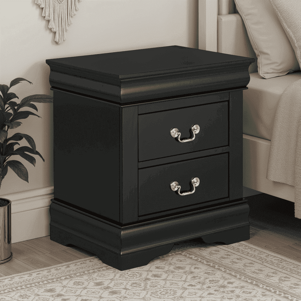Leovanni Solid Wood Nightstand , End Table with Drawers and Metal Handles, No Assembly Required, For Bedroom, Living Room, Adult, Black