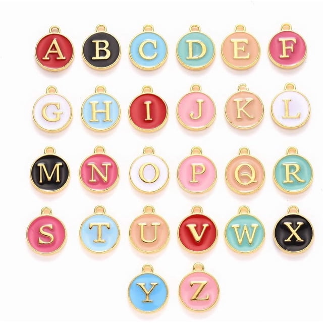 26 dijes redondos planos con letras, chapados en oro, de 14 x 12 x 2 mm, iniciales de la A a la Z, esmaltados, de doble cara, con lentejuelas y orificio de 1,5 mm.
