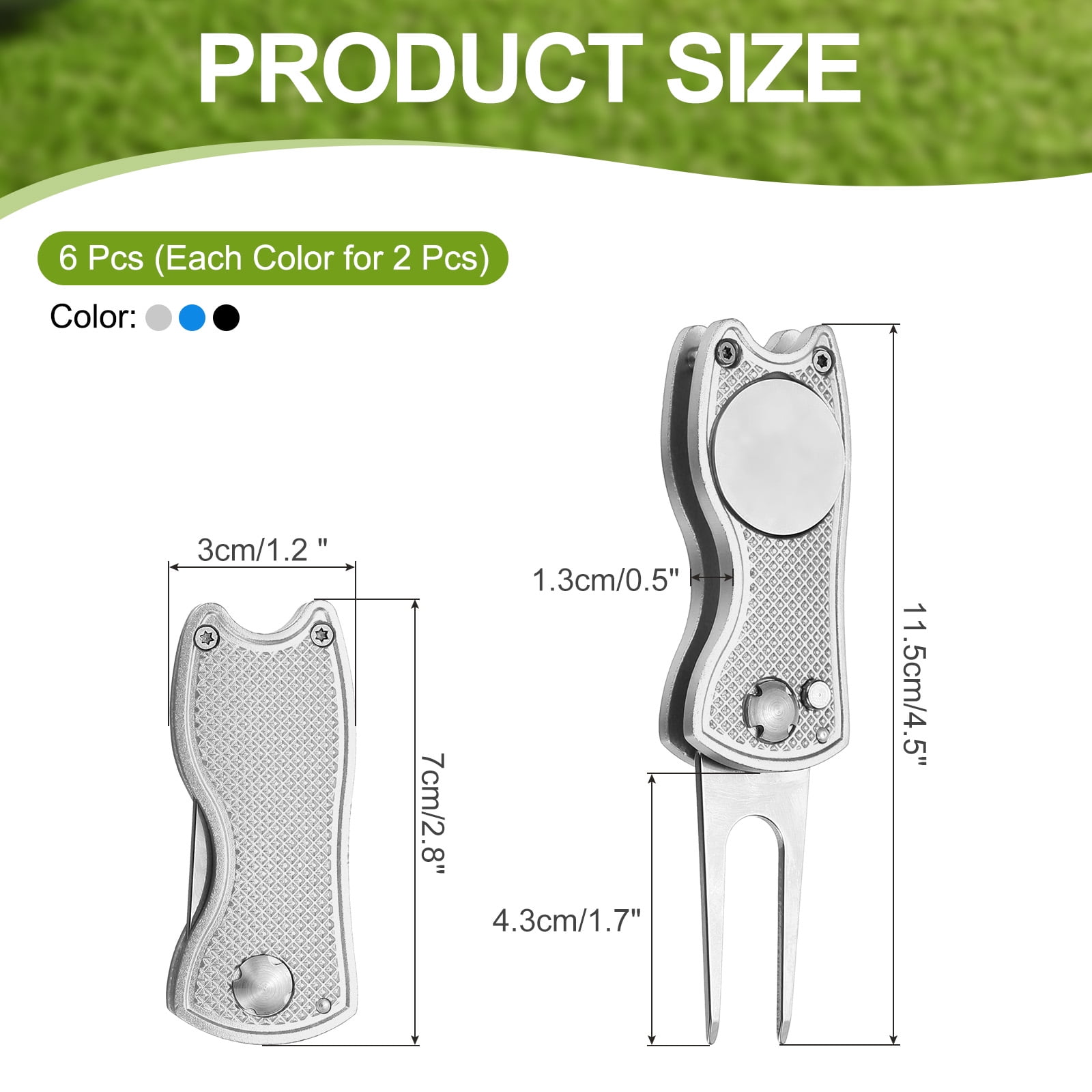 Uxcell Golf Divot Repair Tool, Foldable Metal Golf Green Divot Tool with Magnetic Ball Marker & Stainless Steel Fork Blue/Silver/Black