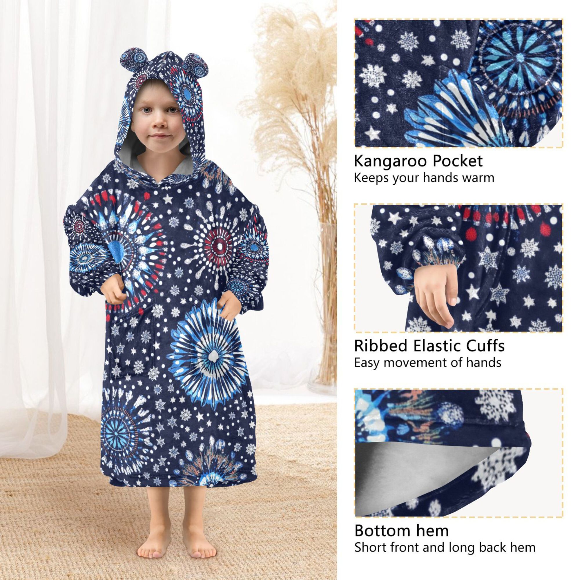 FORMRS Wearable Blanket Hoodie with Sleeves for Kids Cozy Flannel Sweatshirt, Blue Fireworks Pattern