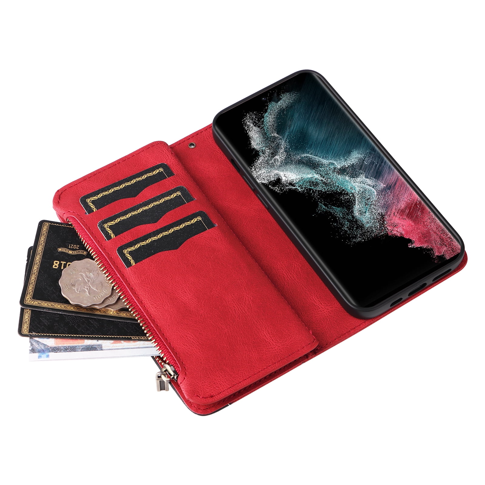 Dteck for Samsung Galaxy S23 Case 2023 6.1 Inch Wallet with 9 Card Slots, Zipper Pocket PU Leather Folio Flip Phone Case with Wristlet Strap for Samsung Galaxy S23 5G,Red