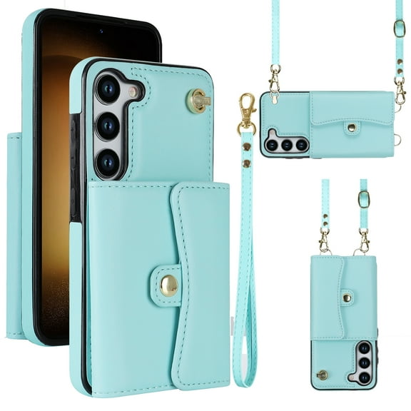 For Samsung Galaxy S23 5G RFID Card Slot Leather Phone Case with Long Lanyard