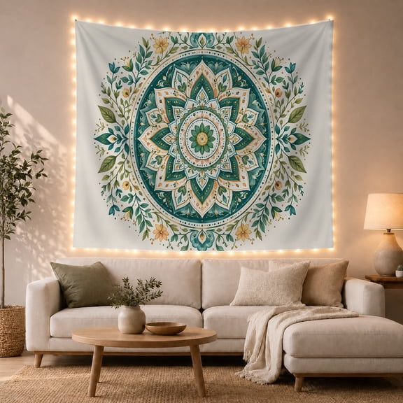 Boho Mandala in Botanical Wreath, Calming Boho for Yoga Lovers, Zen Meditation Art Decor, Housewarming Gift, Tapestry Wall Hanging for Bedroom and Living Room
