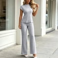 thumbnail image 6 of Bosfbaoi Two Piece Sets for Women Ribbed Knit Crew Neck Cap Sleeve Top and High Waist Straight Leg Pants Casual Womens Summer Outfits, 6 of 7