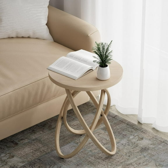 Round End Table Farmhouse Wood Side Table Rustic Plant Stand with Intertwined Line Design for Living Room, Office, Light Wood Color