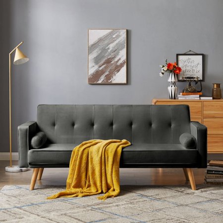 Mid-Century Dark Gray Linen Fabric Chesterfield Sofa Couch  Modern Love Seats Sofa Furniture  Upholstered Button Tufted Couch with 2 Bolster Pillows for Living Room Apartment