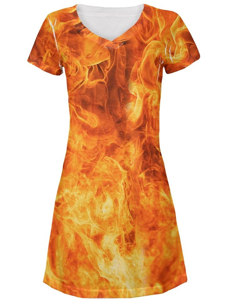 Flames Fire All Over Juniors Beach CoverUp Dress Multi XLG