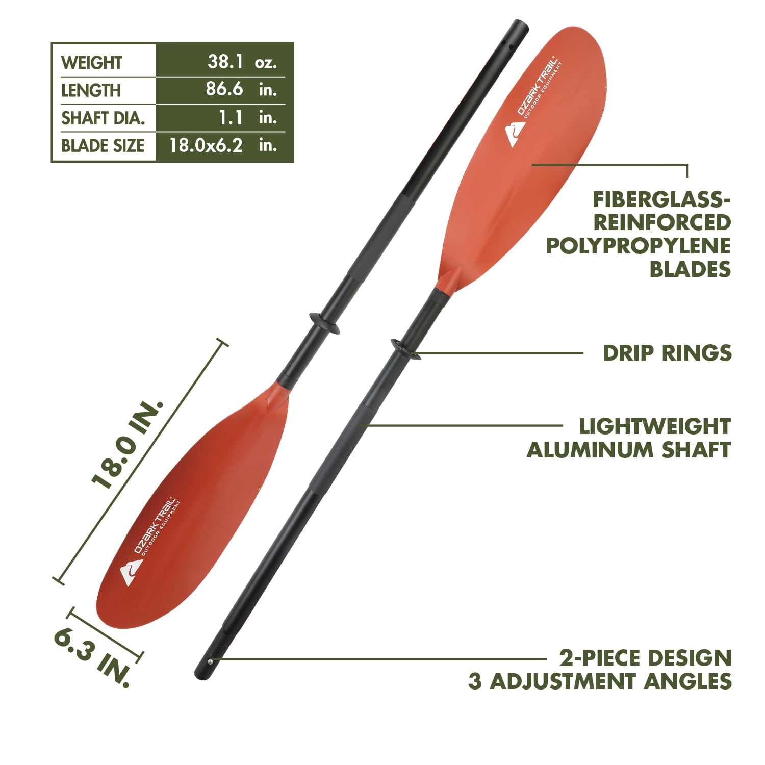 Ozark Trail Adult Adjustable Kayak Paddle, Rust, 220 cm Aluminum Shaft
