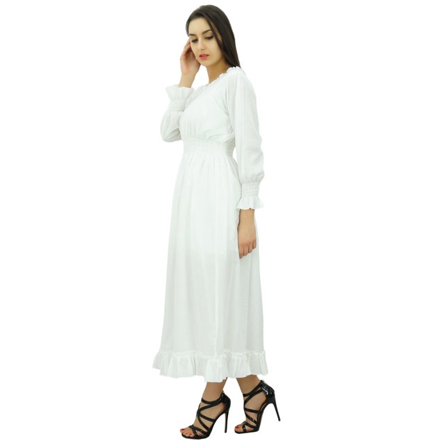 Bimba Robe Maxi Longue Décontractée en Coton pour Femme à Taille Smockée