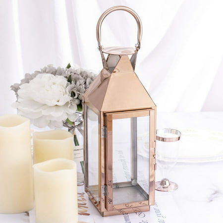 14" Blush/Rose Gold Crown Top Stainless Steel Candle Lantern ...