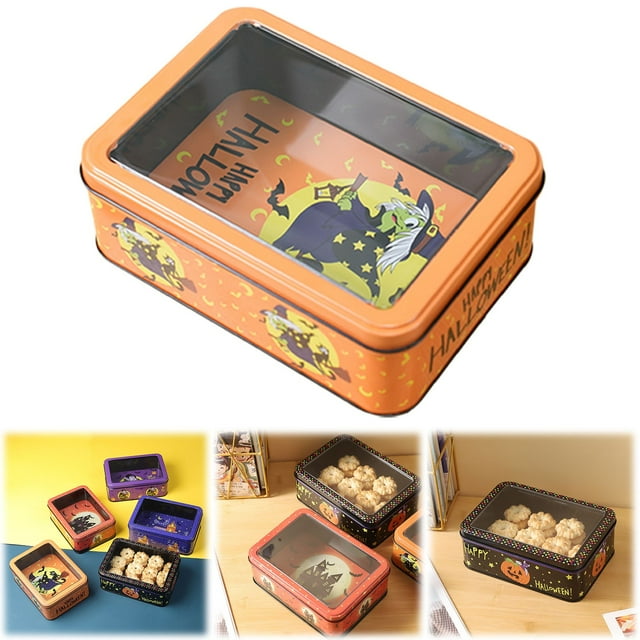 Boîte en Métal pour Bonbons d'Halloween avec Couvercle, Design « Trick », Contenant pour Biscuits, Pot de Rangement Réutilisable en Métal pour les Fêtes et l'Action de Grâce, Petits Contenants de Rangement