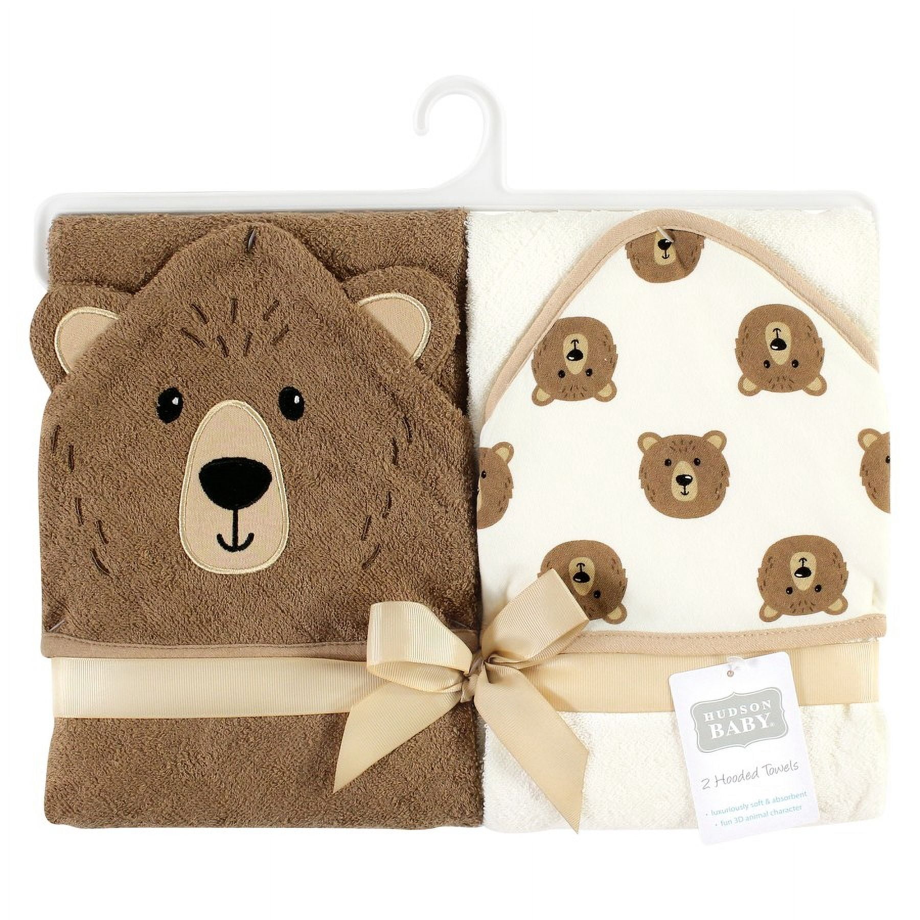 Hudson Baby Cotton Animal Face Hooded Towel, Brown Bear 2-Pack, One Size