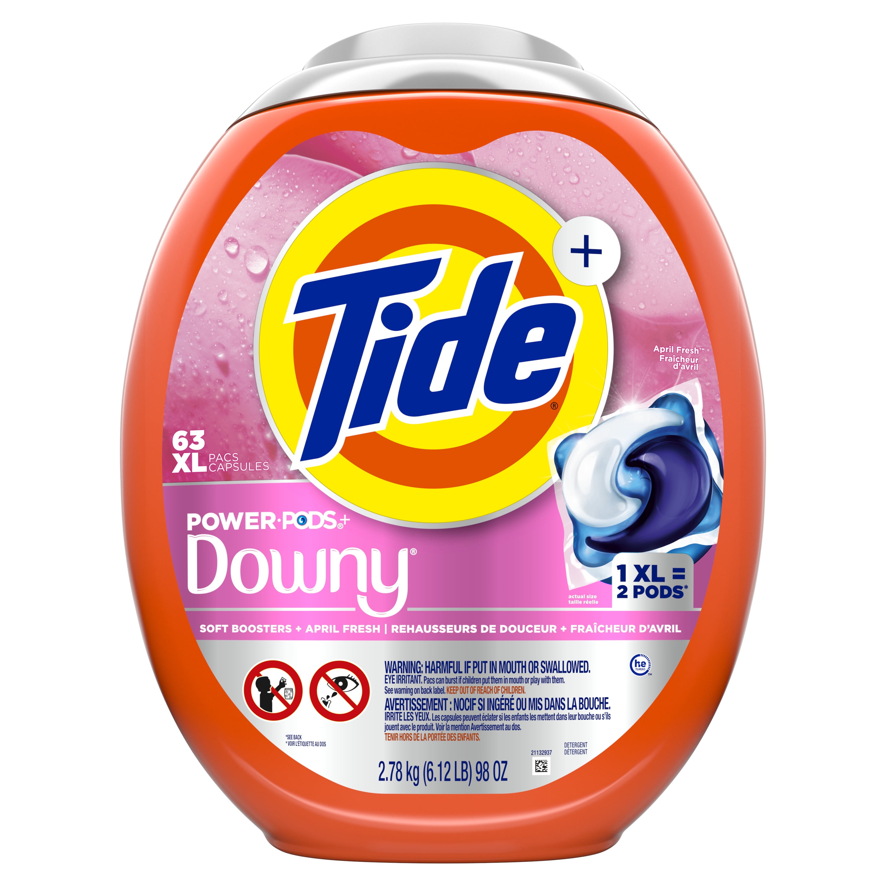Tide Power PODS with Downy Soft Boosters Laundry Detergent Pacs, April Fresh Scent, 63 Count