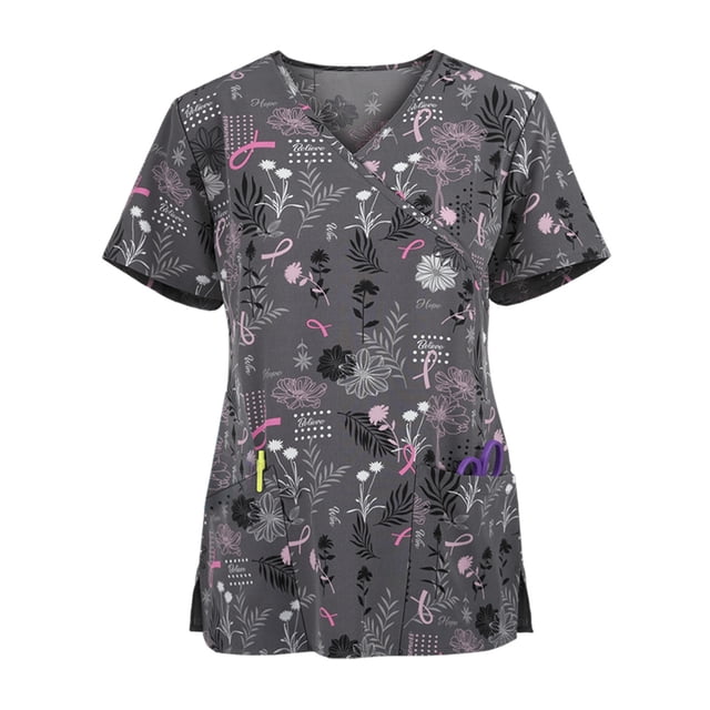 Heliisoer Short Women Sleeve V-neck Tops Working Uniform Cartoon Print Blouse