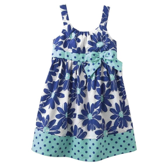 Little Girls Blue Floral Polka Dot Sun Dress Cotton Sundress