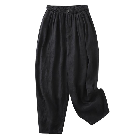 QUYUON Lounge Pants Women Summer Solid Loose Waist Cotton Linen Double Layer Casual Harlan Pants Wide Leg Trouser Pants for Women Full Pant Leg Length Track Pants Pant Style N-3845 Black XXL