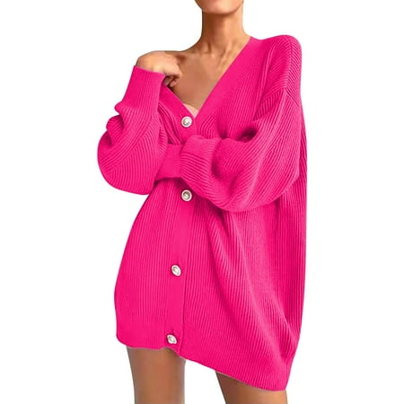 Fimkaul Women s Cardigan Sweaters Winter Fall Long Sleeve Casual Tops Solid Loose Jacket Knit Sweater Coats Hot Pink XL