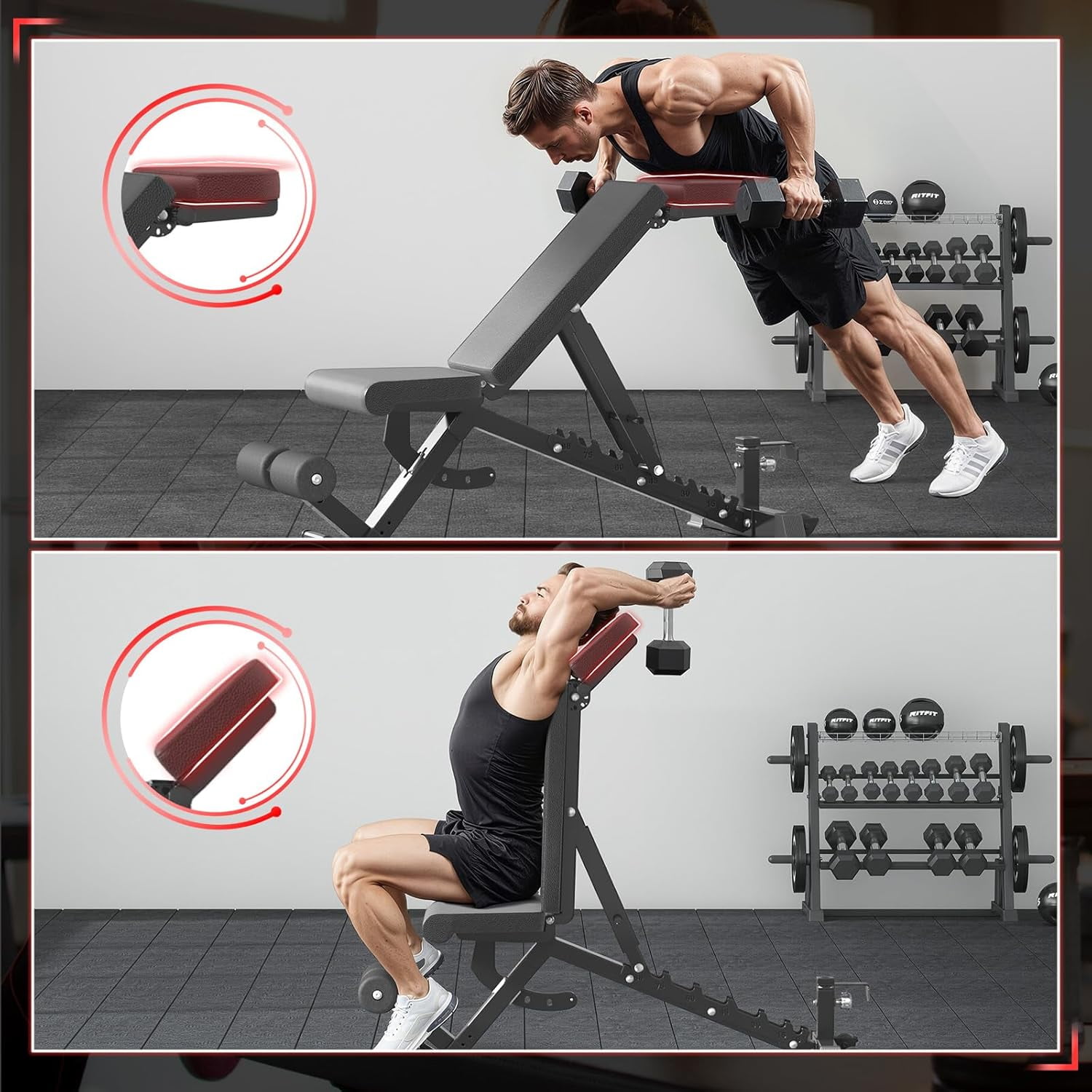 YODOLLA Adjustable Weight Bench for Home Gym, 1300-Lb Capacity Incline/Decline/Flat Bench Press, Quick-Adjust Seat, Backrest & Headrest Strength Training Bench