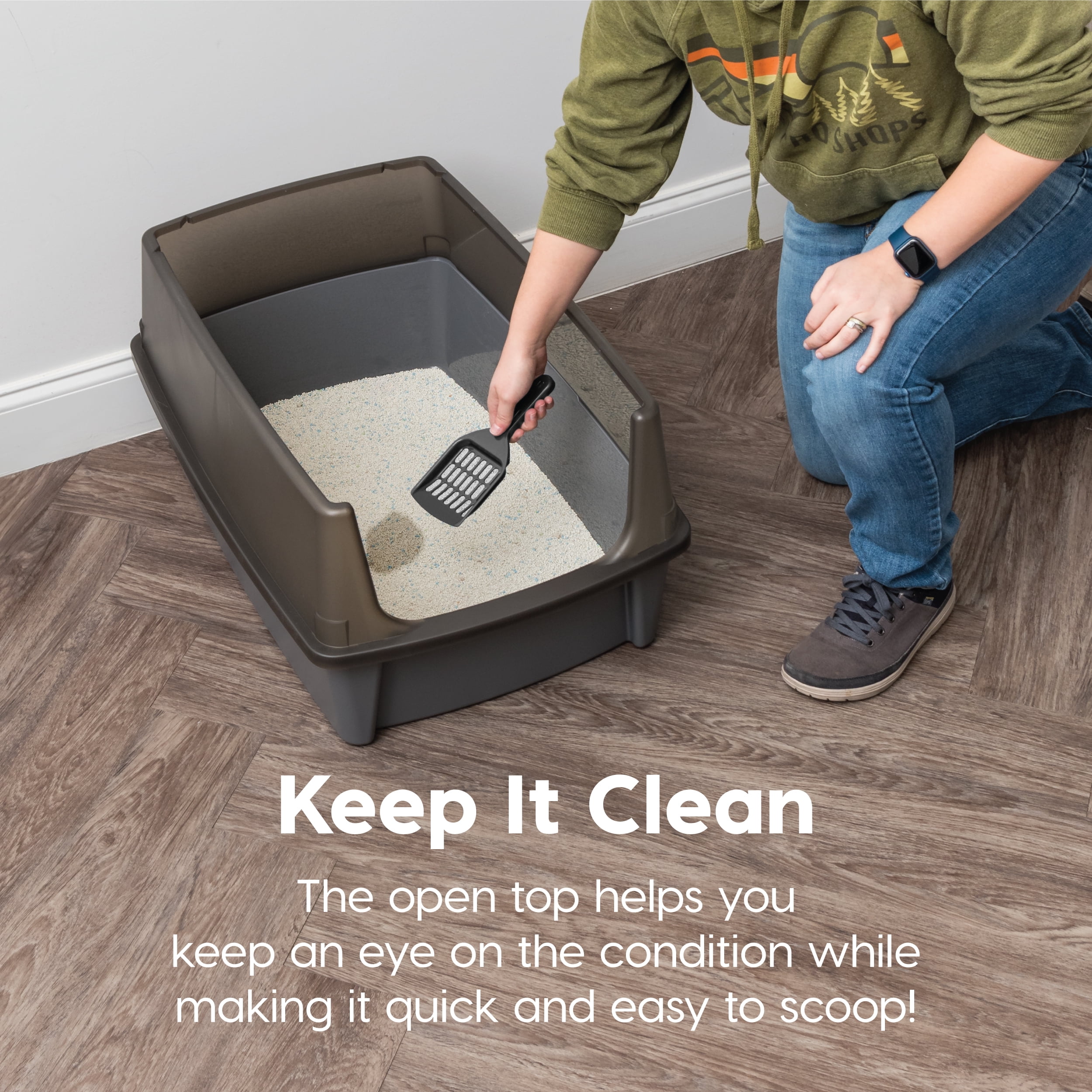 IRIS Extra Large Open Top Cat Litter Box with Scatter Shield, Sturdy Open Air Kitty Litter Pan with Tall Spray, Gray
