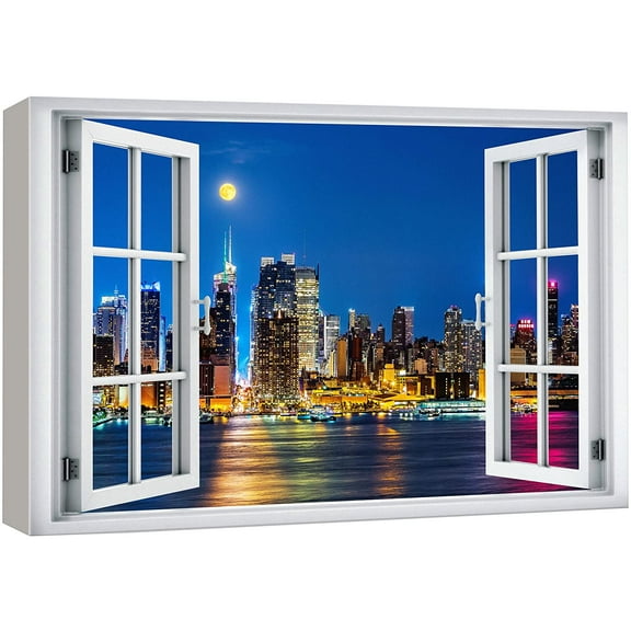 wall26 Canvas Print Wall Art Window View New York City Bay Neon Night Cityscape Wilderness Nature Photography Realism Scenic Landscape Colorful Multicolor for Living Room, Bedroom, Office - 32"x