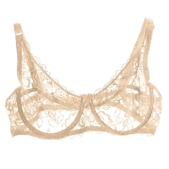 Women's Unlined Lace Bra Push Up Sexy Sheer Mesh Lace Balconette Lightweight See Through Underwire Bras