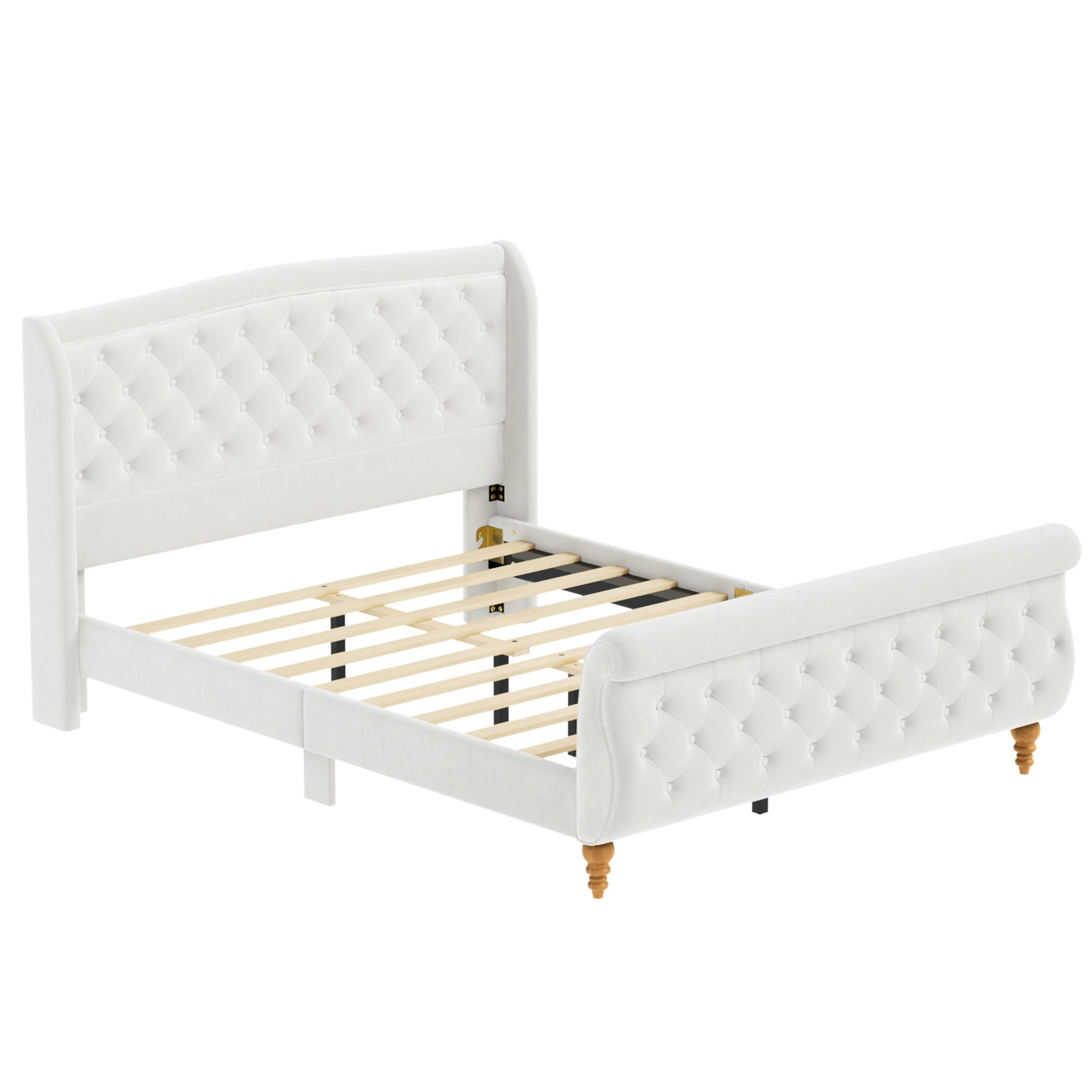 GDF Studio Orlan Queen Size Velvet Upholstered Sleigh Platform Bed Frame with Wood Slat Support, Modern Design, Beige White