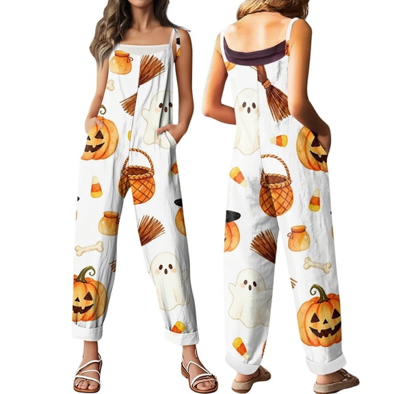 LNZGNM Halloween Womens Jumpsuit Candy Corn Mixed Printed Scoop Neck Sleeveless Wide Leg Jumpsuit with Adjustable Straps and Relaxed Fit,Yellow (XL)