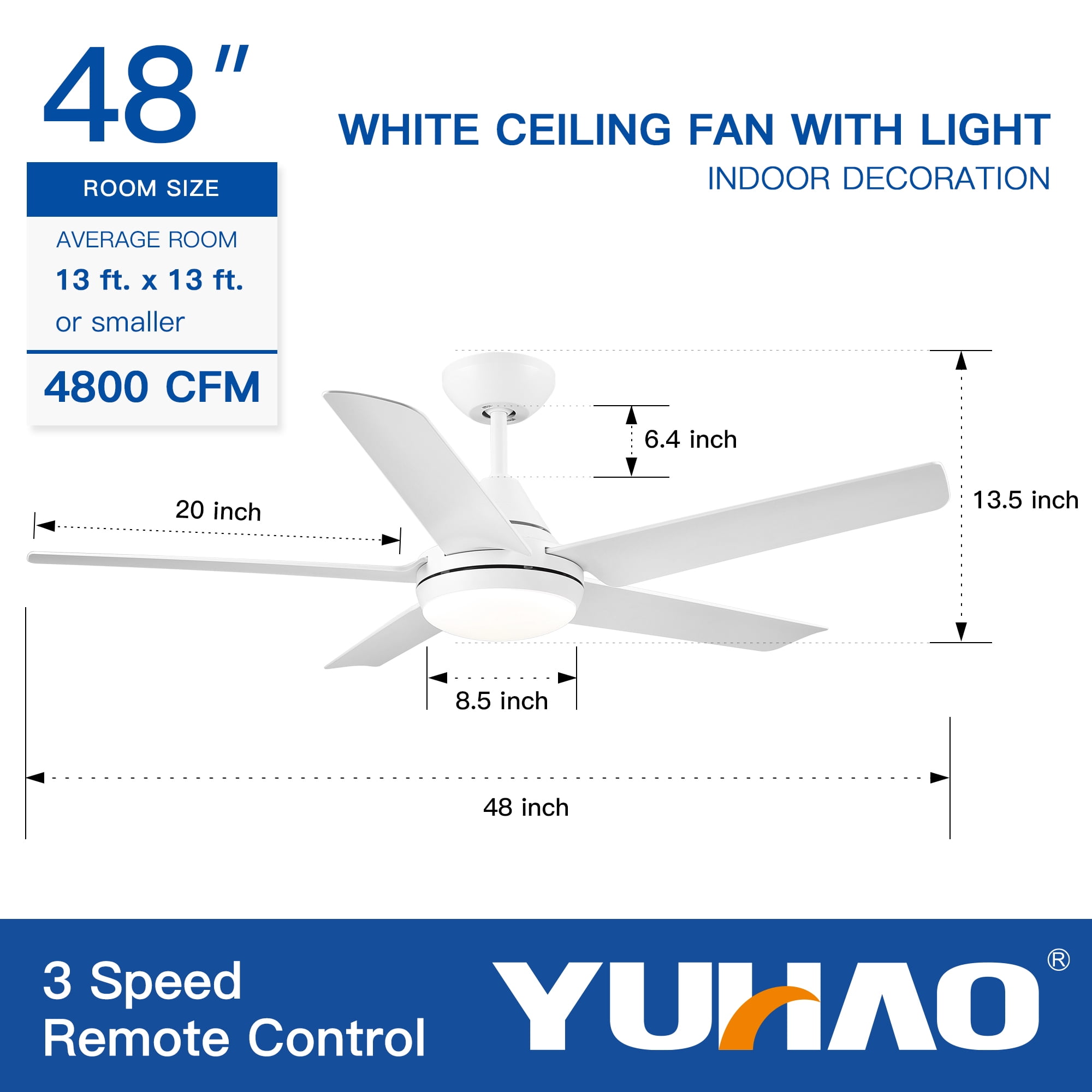 Wellspeed 48 in. Modern Ceiling Fan with Dimmable Light, for Indoor, Remote Control, 5 Reversible Blades, White