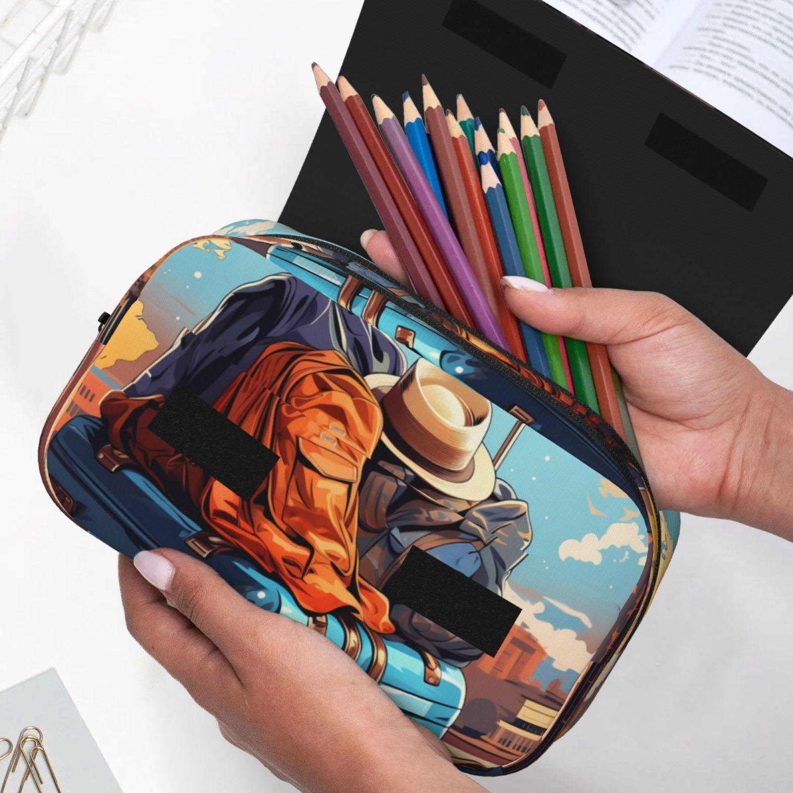 Rateoe Colorful Travel Luggage Gear Pattern Double Clamshell Pen Case, Storage Organizer with Two Zipper Compartments– Holds Up to 50 Pencils & Pens