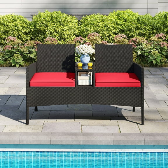 Gymax Patio Loveseat w/ Built-in Table Soft Cushions & Tempered Glass Tabletop Outdoor