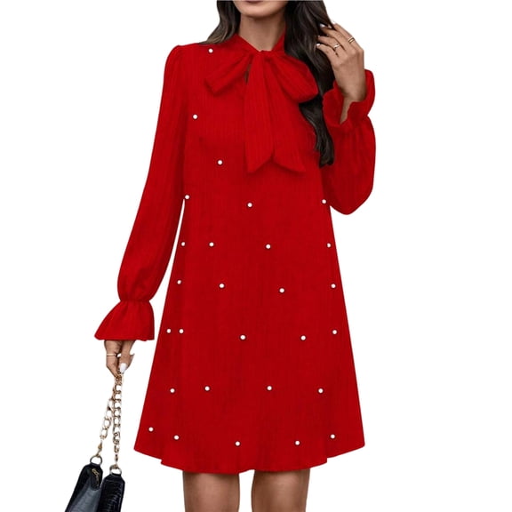 Women'S Pearl Beaded Tie Neck Long Sleeve Casual Work Short Dress Red XL