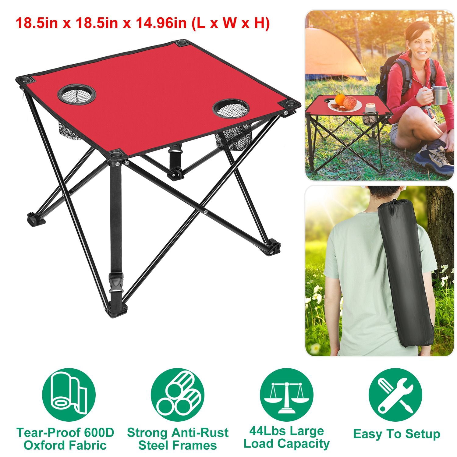 Foldable Camping Table Portable Picnic Table Lightweight Travel Desk with 2 Cup Holders Carrying Bag