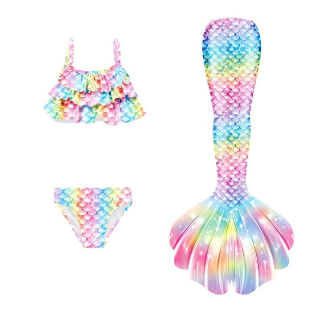 Girl Swimsuit Summer Split Swimsuits Rainbow Color Ruffles Bikini Tops Briefs Fish Tail Set Girls Bathing Suit Light Pink 8-9Y
