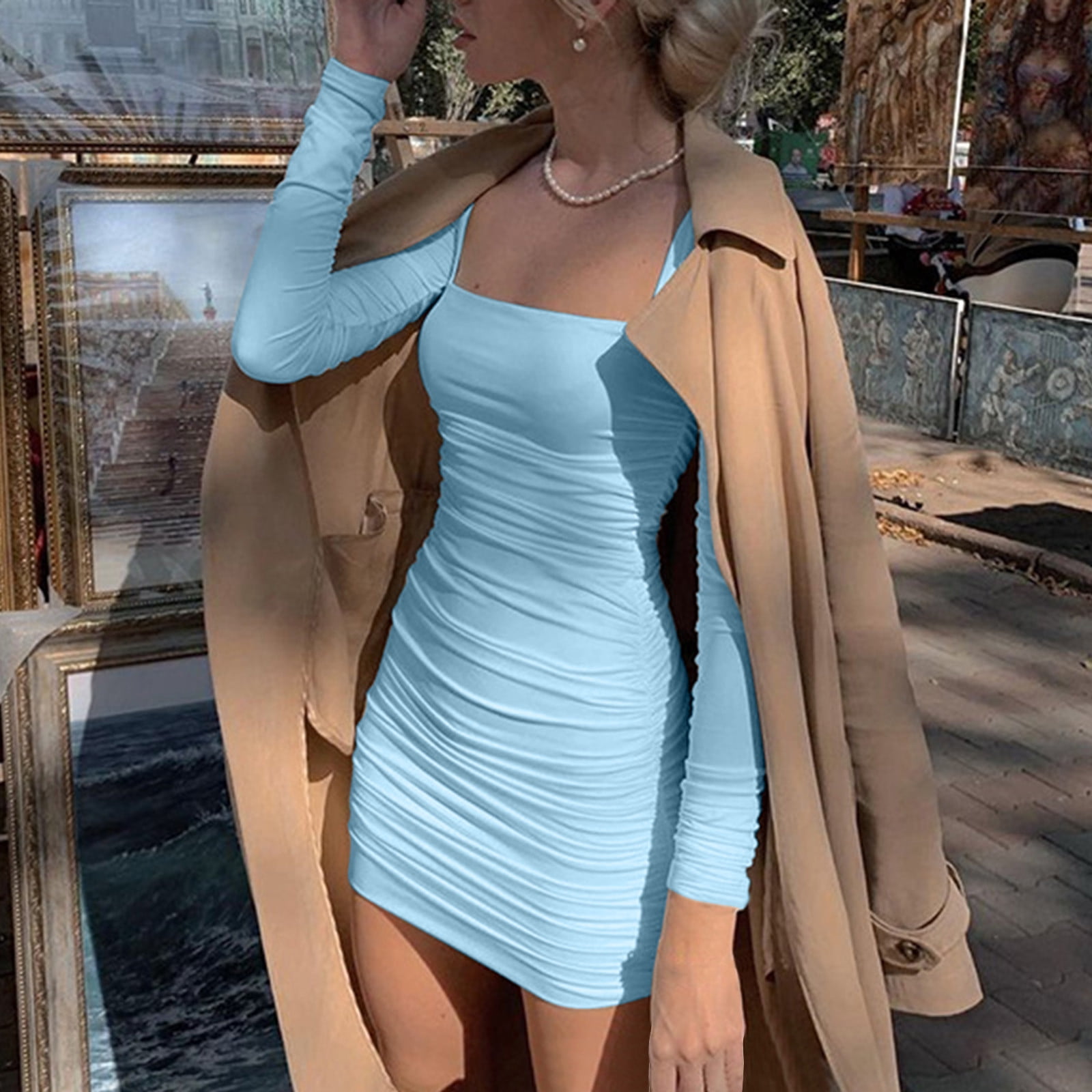 Womens Dress Sunday Dress for Women Women Elegant Slim Mini Dress Solid Color V Neck Sleeveless Dress Casual Wear Bodycon Adult Female Clothes Blue